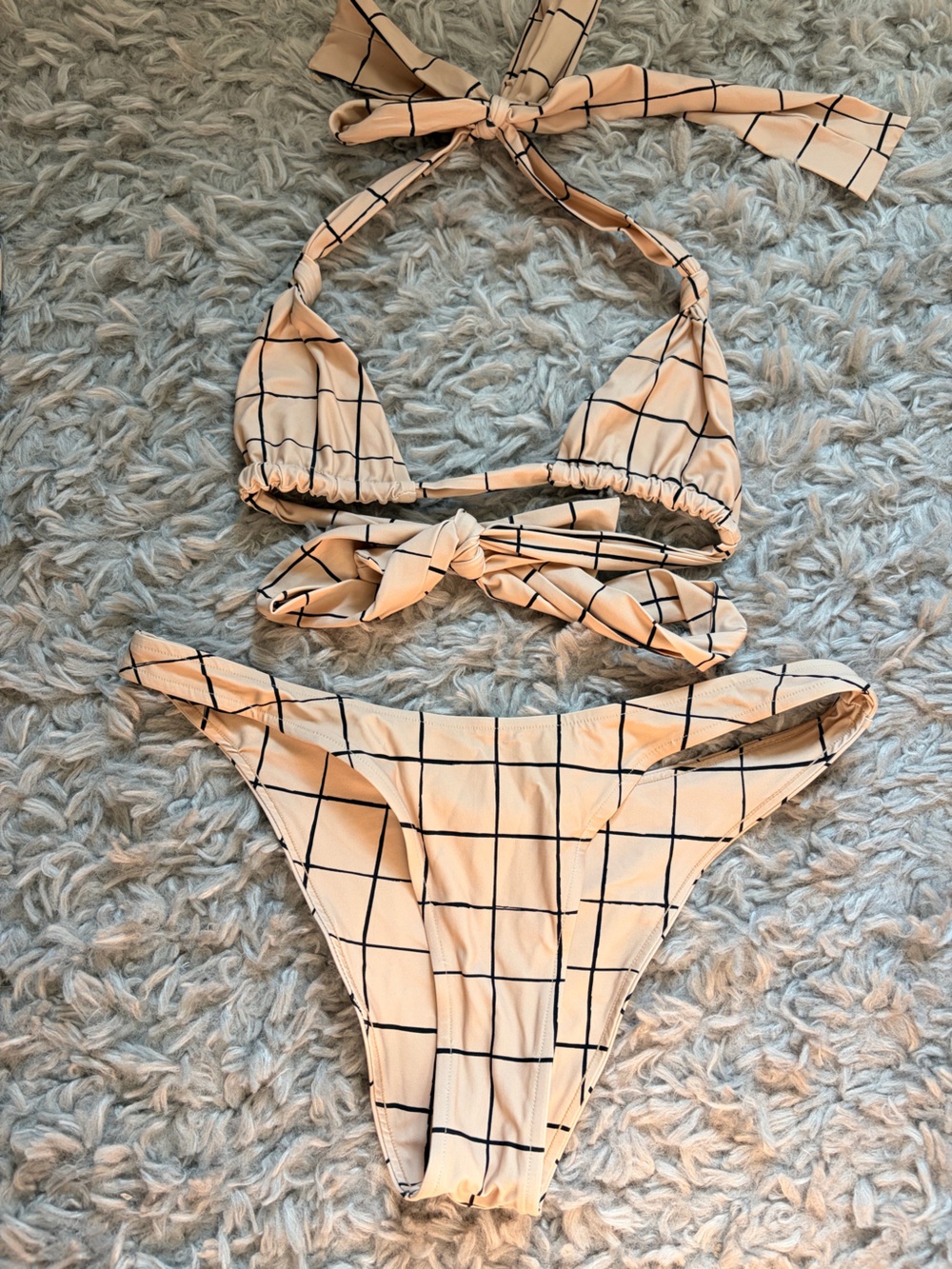 Stone Fox Beige Grid Print Triangle Bikini Set